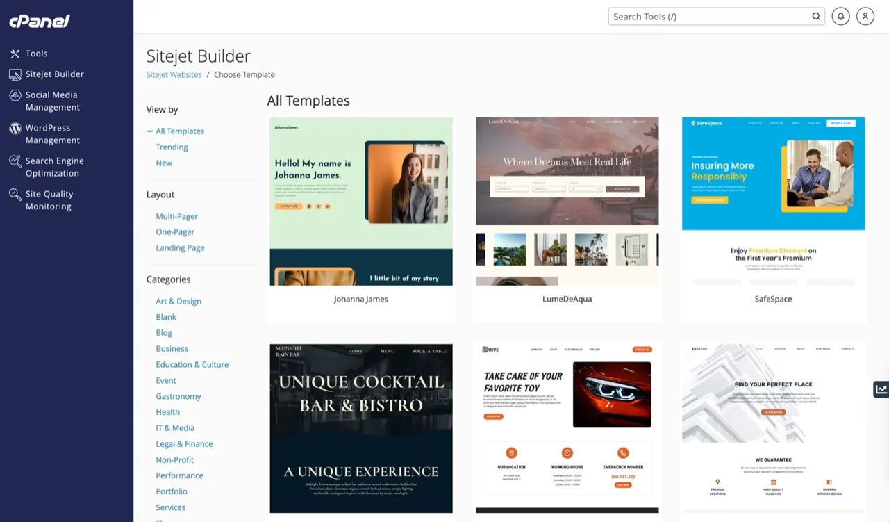 Sitejet Builder abierto dentro de cPanel, mostrando la galería de plantillas