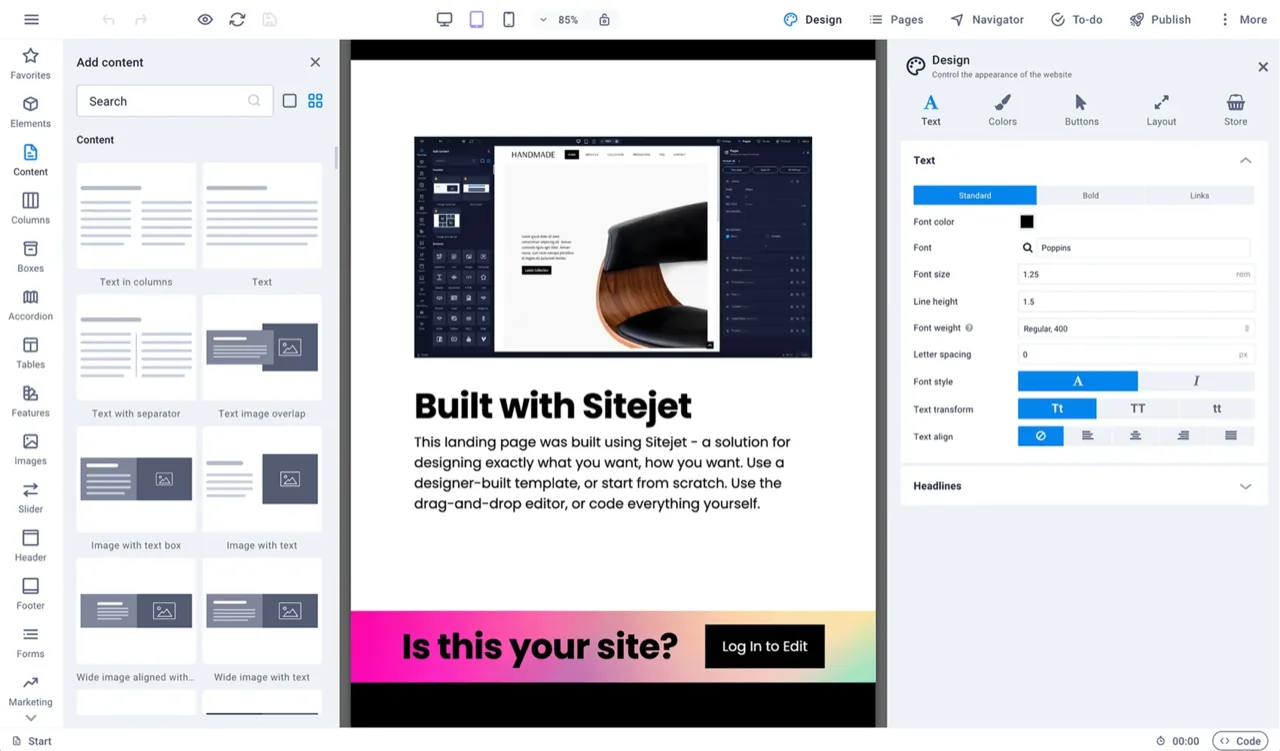 Editor de Sitejet: panel de elementos a la izquierda, la página en el centro y las opciones de diseño a la derecha